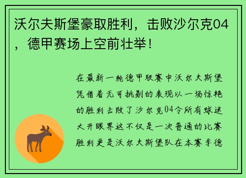 沃尔夫斯堡豪取胜利，击败沙尔克04，德甲赛场上空前壮举！